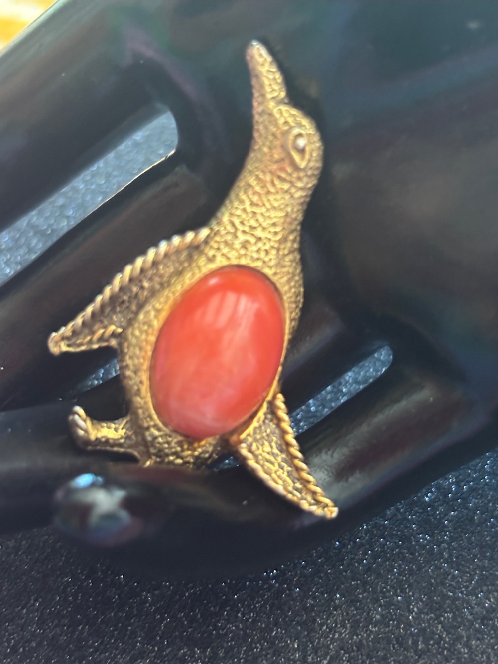 Estate Gold Penguin Brooch Coral Red jelly belly